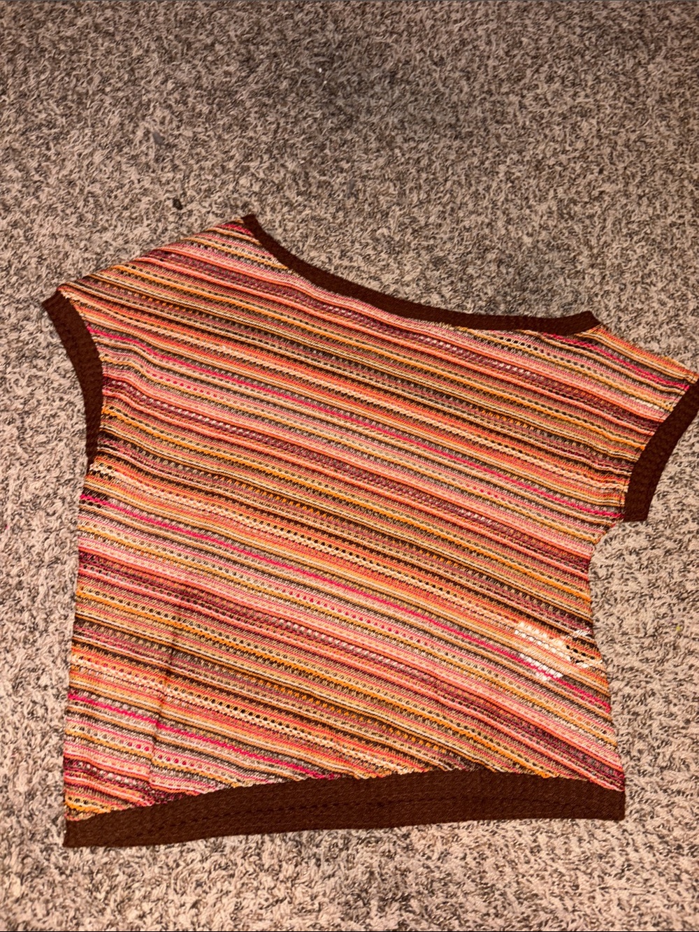 Multicolor Striped Knit Off the ShoulderTop with Brown Trim